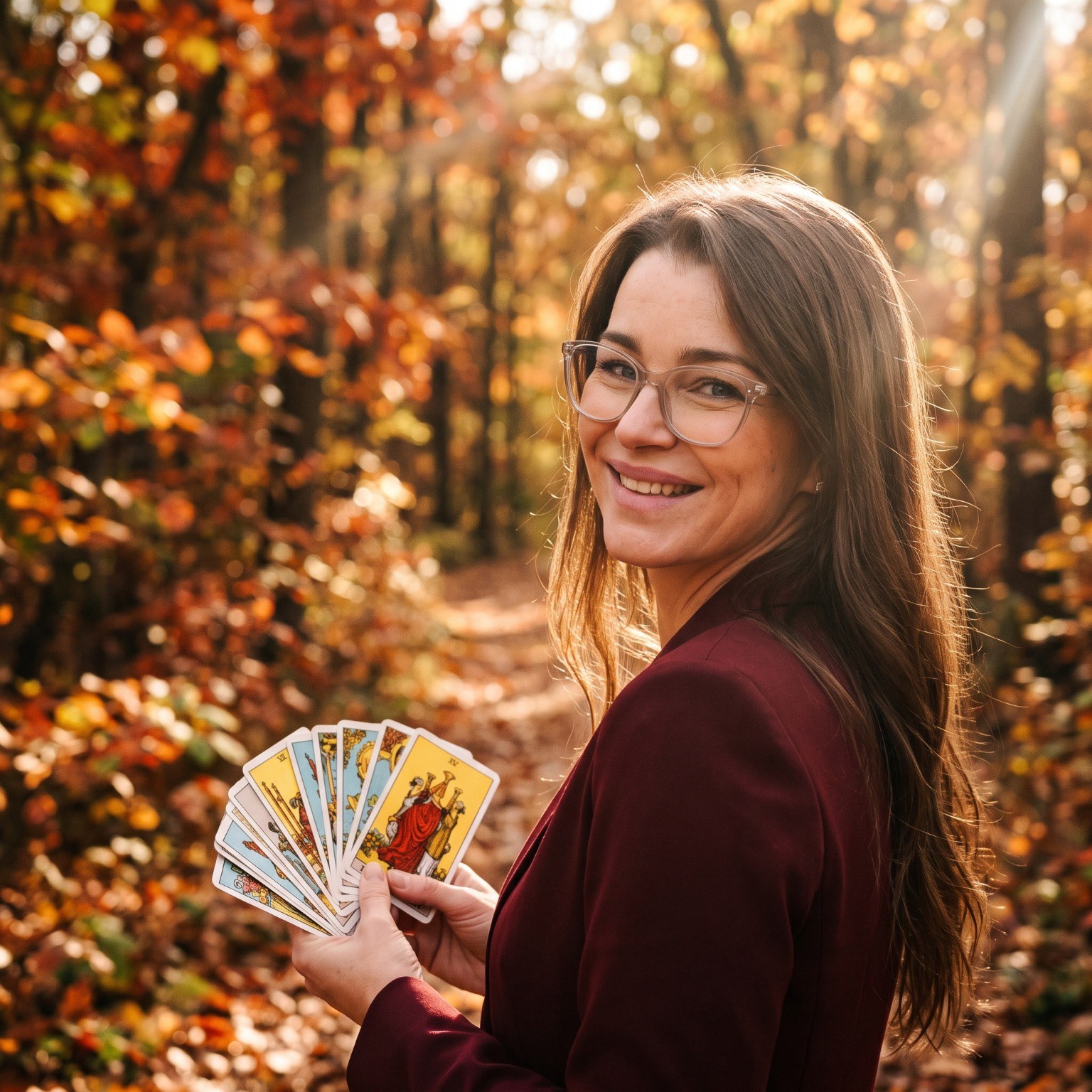 Eva mit ihren Tarotkarten im herbstlichen Wald